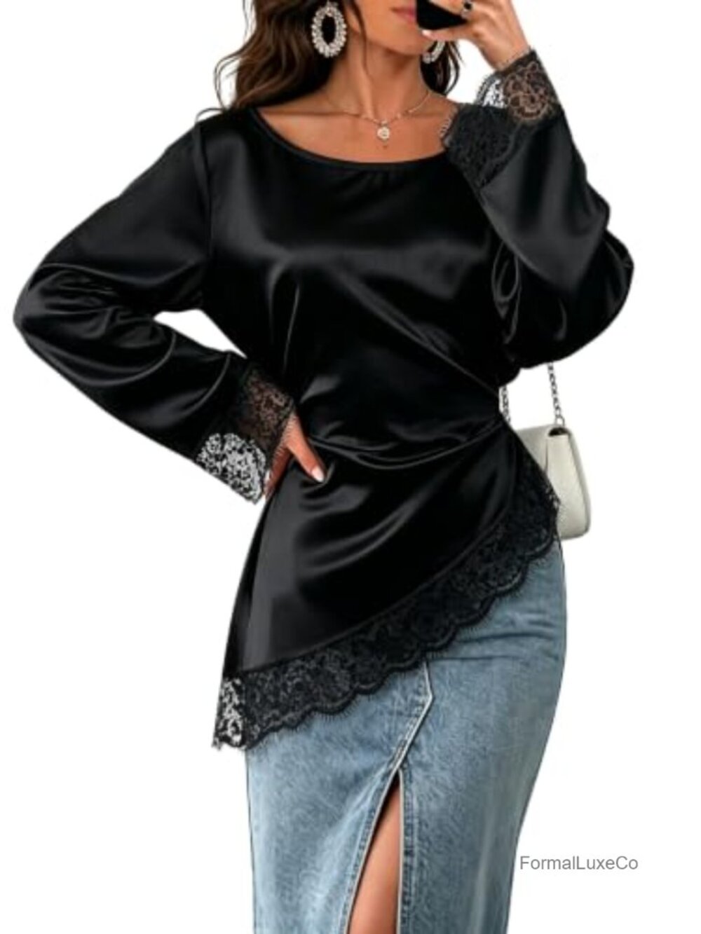 Satin Lace Trim Blouse Long Sleeve Asymmetrical Top with Belt